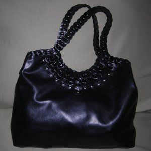 Purse,black,front snap,woven trim